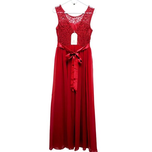 Sleeveless Dress Red Lace Chiffon Long Berylove Evening Gown Satin Patty prom M - Picture 11 of 16